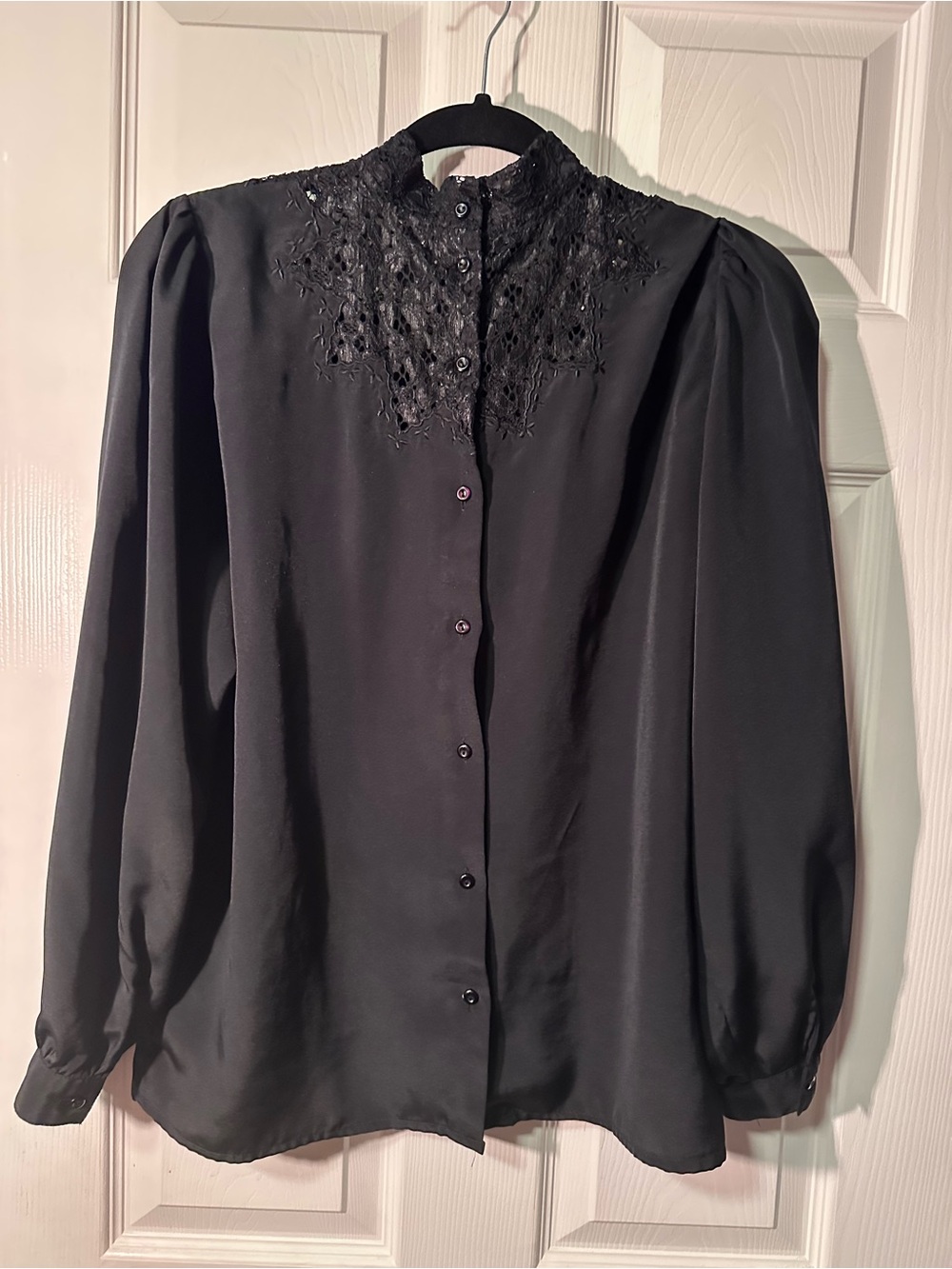 Vintage Black Embroidered High-Neck Button-Down Women's Top